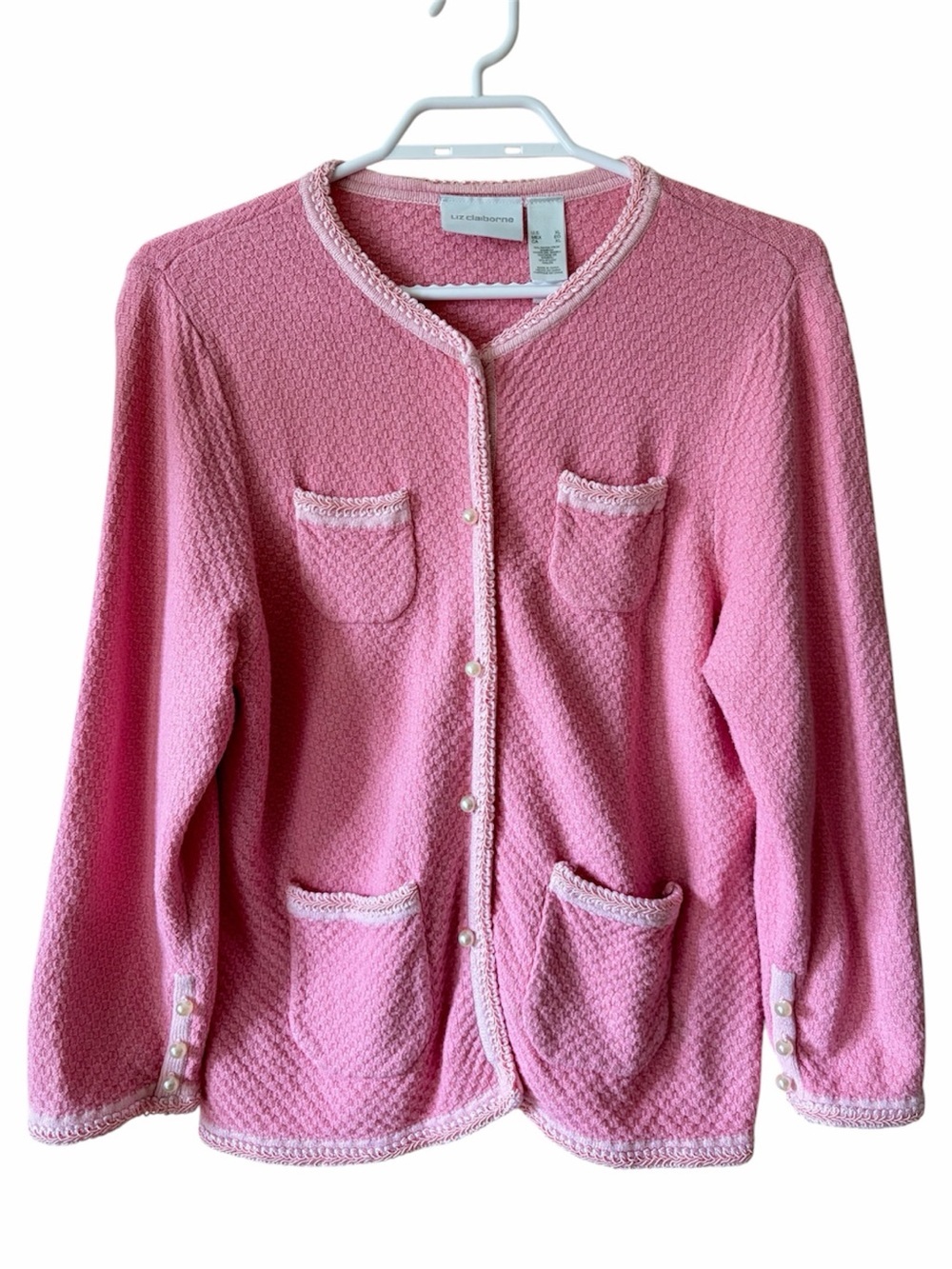 Liz Claiborne Pink Pearl Button Cardigan Sweater Textured Knit Coquette Preppy